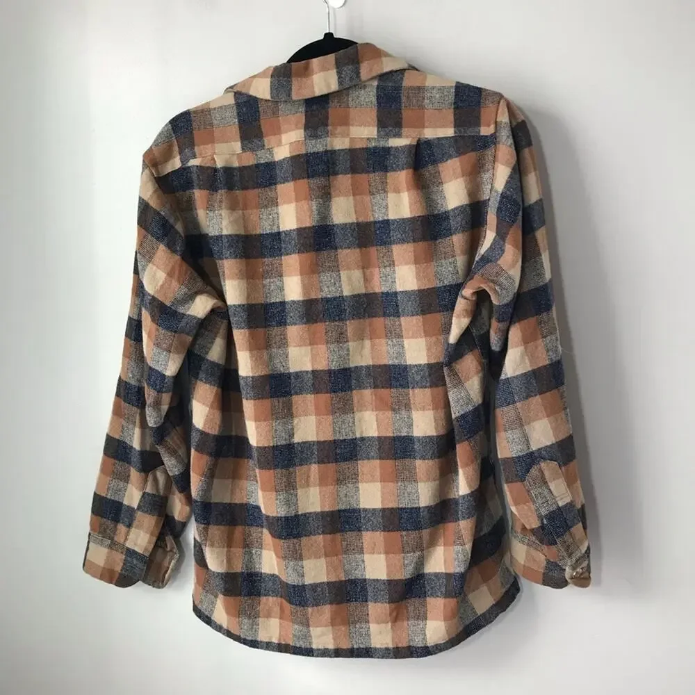 Vintage Pendleton wool brown blue plaid flannel unisex shirt M lumberjack USA - Picture 2 of 11